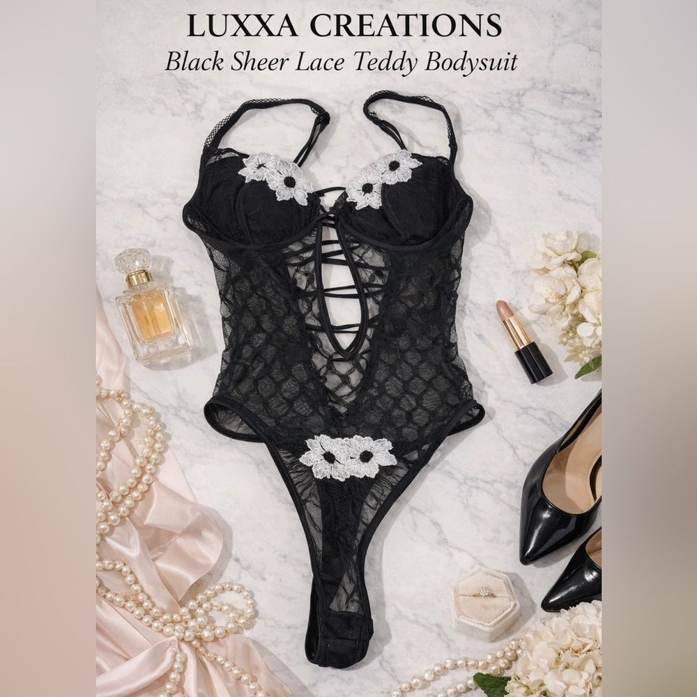 Luxxa Creations Black Sheer Lace Teddy Bodysuit Floral Appliqué Size M
